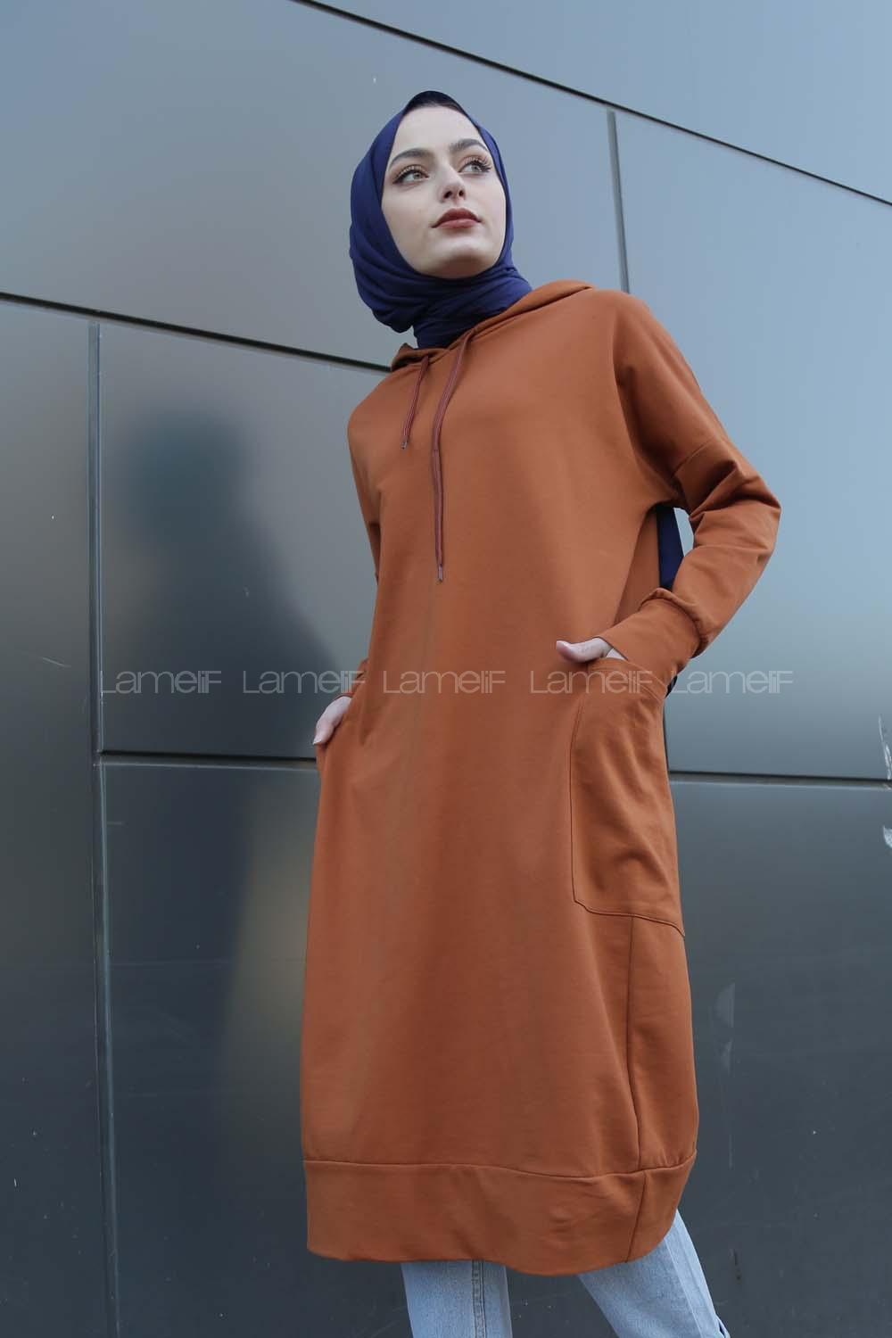 Modalamelif Kapşonlu Uzun Cep Detaylı Sweatshirt Taba