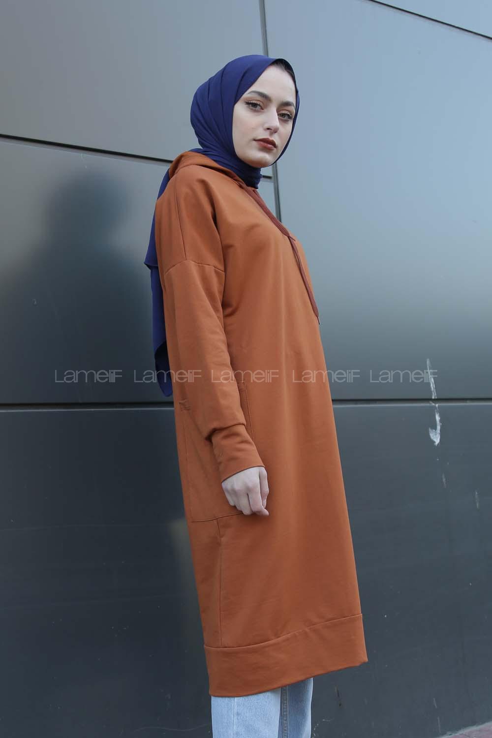 Modalamelif Kapşonlu Uzun Cep Detaylı Sweatshirt Taba