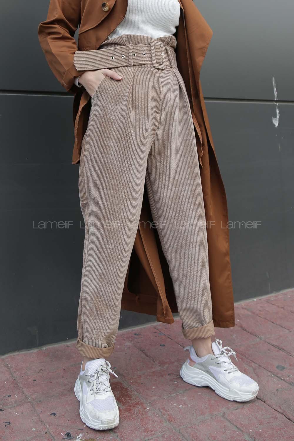 Modalamelif Kemerli Aerobin Kadife Pantolon  Kum beji