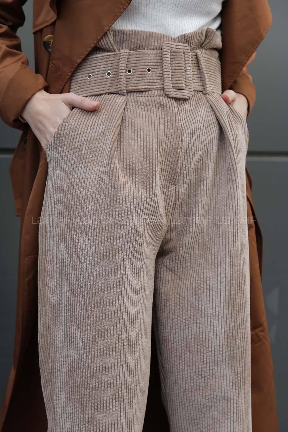 Modalamelif Kemerli Aerobin Kadife Pantolon  Kum beji