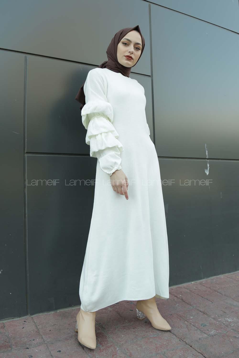 Modalamelif Kolları Fırfırlı Triko Elbise Beyaz