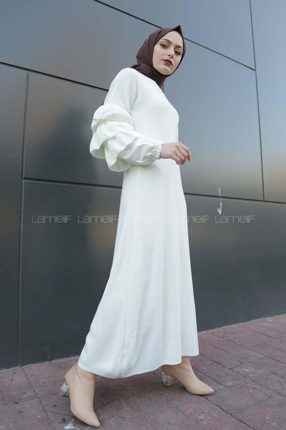 Modalamelif Kolları Fırfırlı Triko Elbise Beyaz