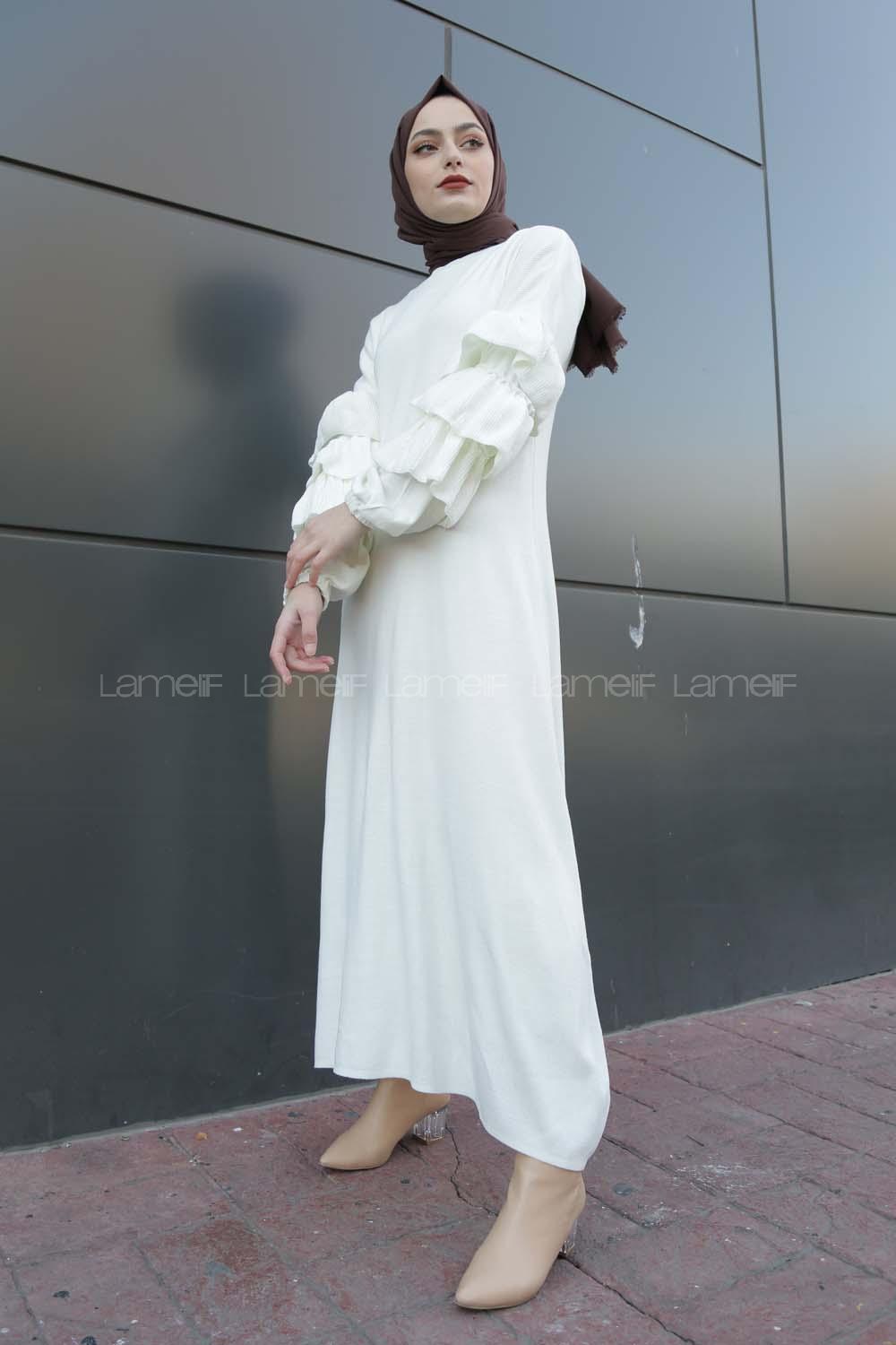 Modalamelif Kolları Fırfırlı Triko Elbise Beyaz