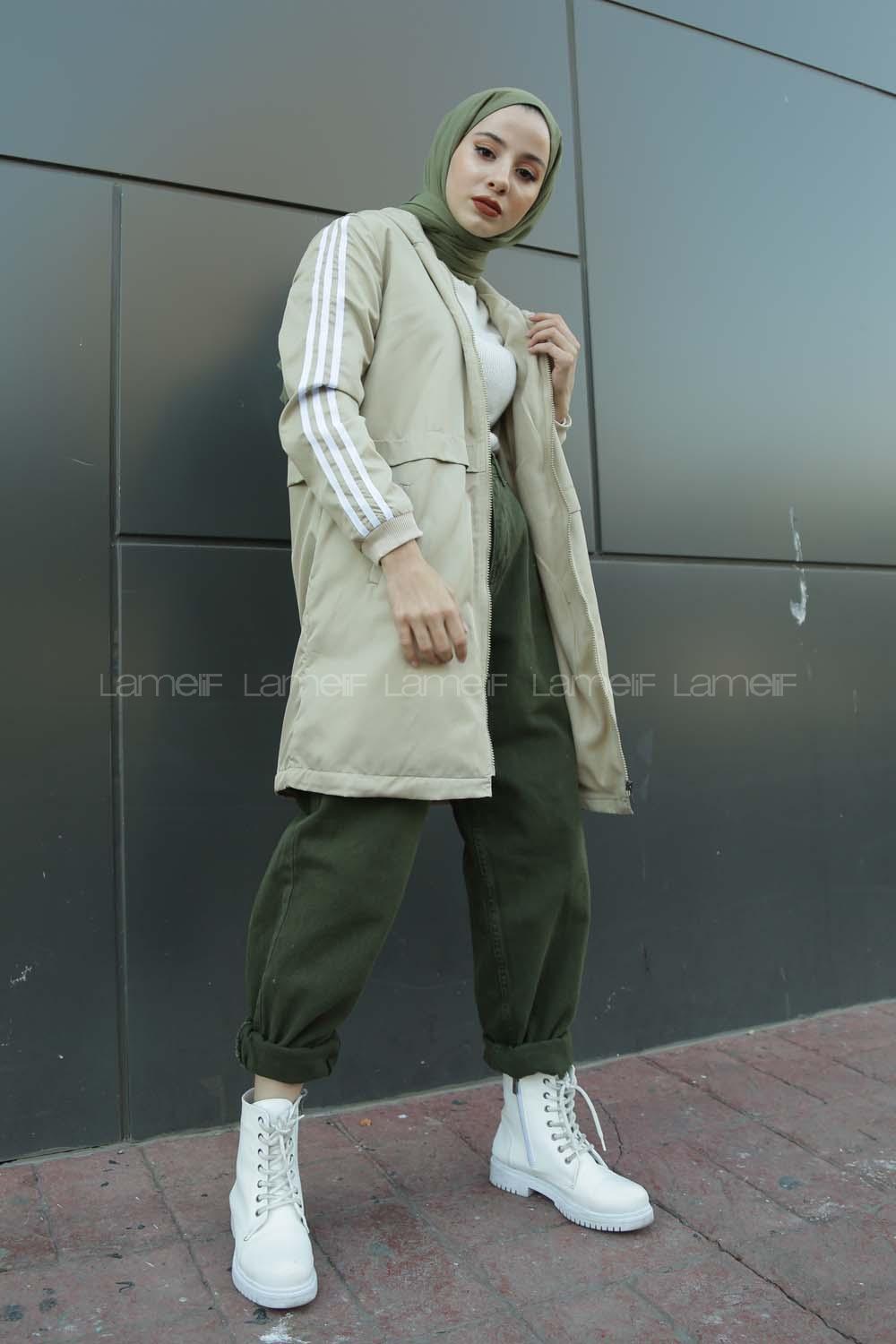 Modalamelif Kolu Şeritli Kapşonlu Trenç Taş Rengi