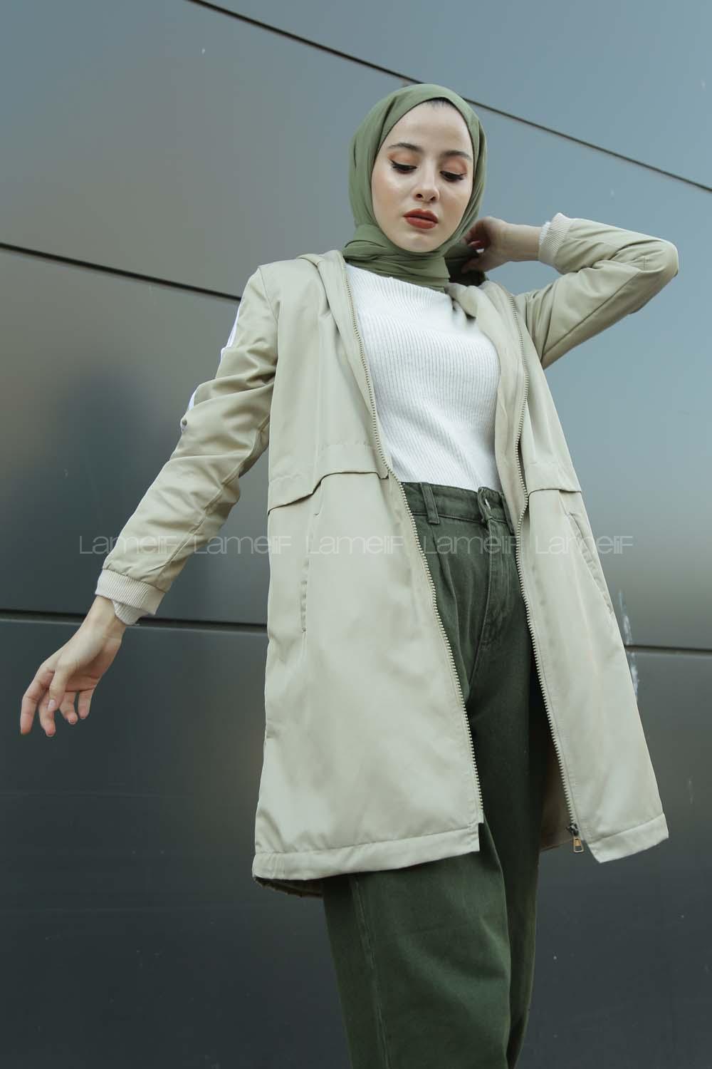 Modalamelif Kolu Şeritli Kapşonlu Trenç Taş Rengi