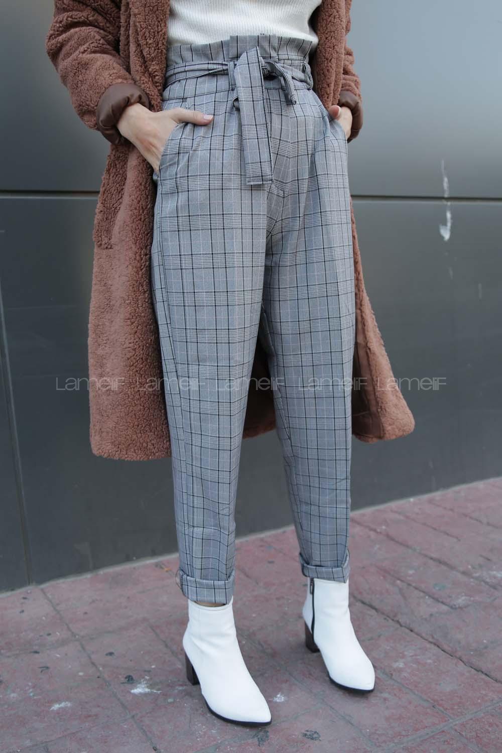 Modalamelif Pileli Kemer Detaylı Ekose Pantolon