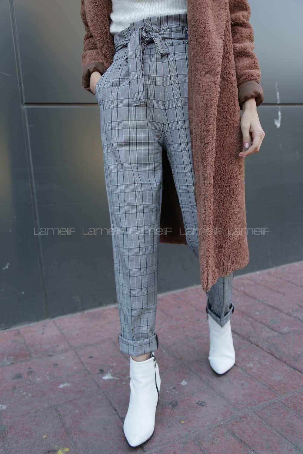 Modalamelif Pileli Kemer Detaylı Ekose Pantolon