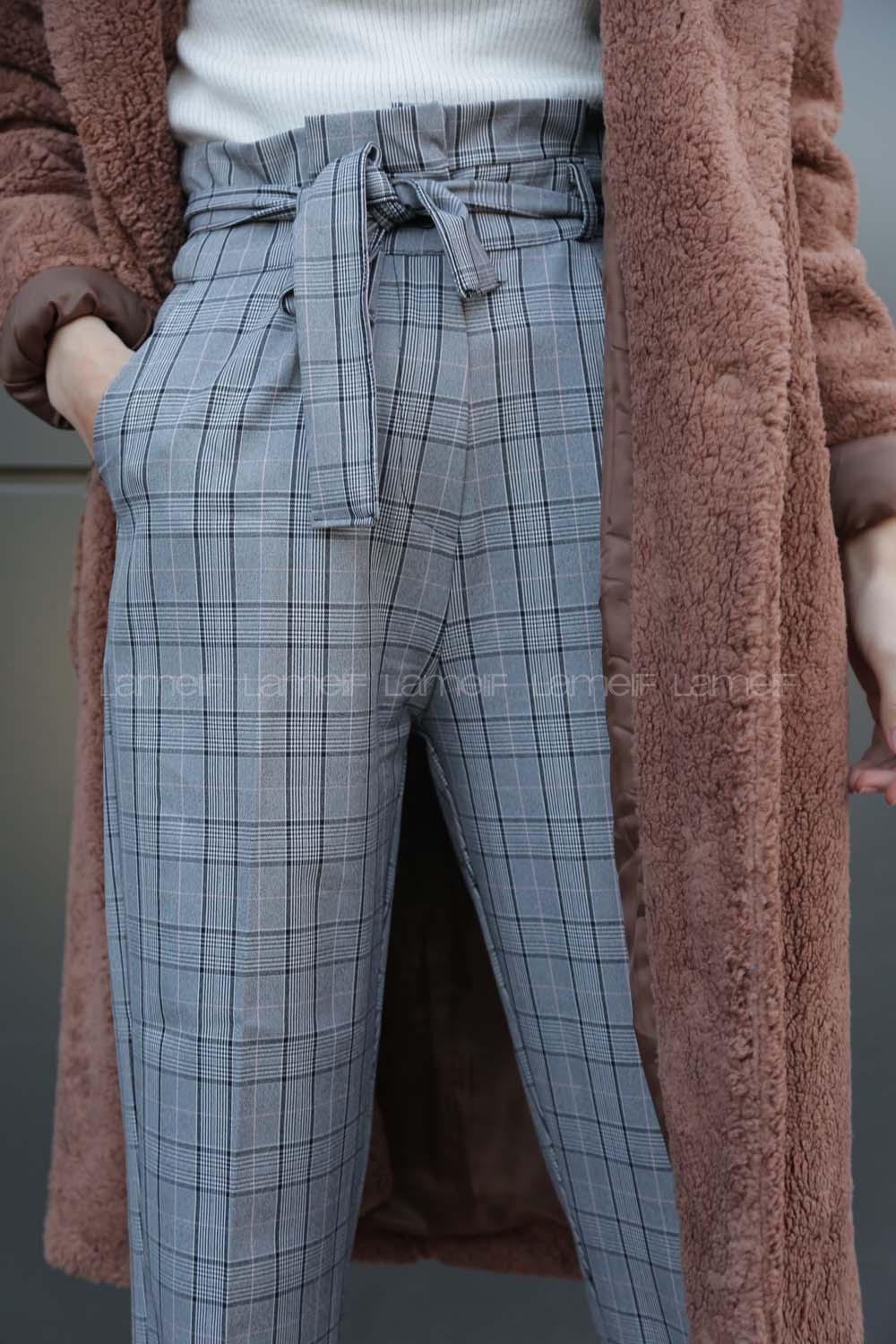 Modalamelif Pileli Kemer Detaylı Ekose Pantolon