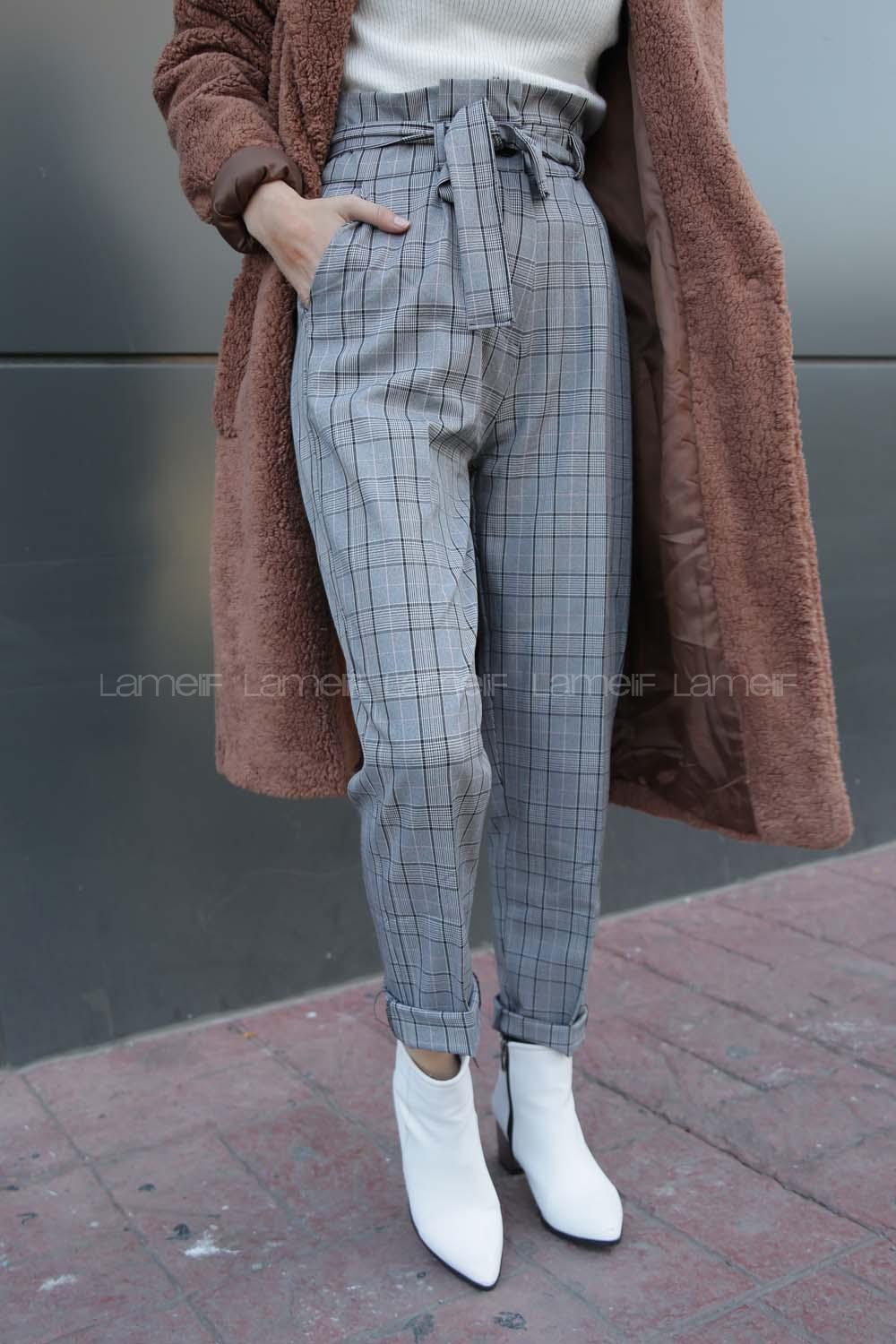 Modalamelif Pileli Kemer Detaylı Ekose Pantolon