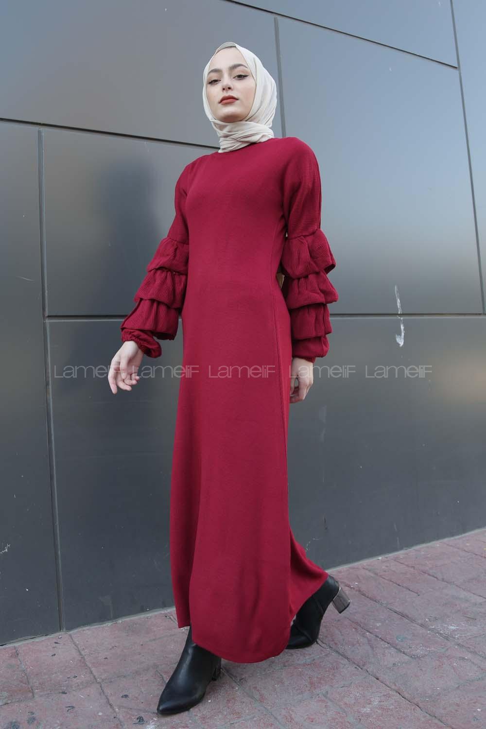 Modalamelif Kolları Fırfırlı Triko Elbise Bordo