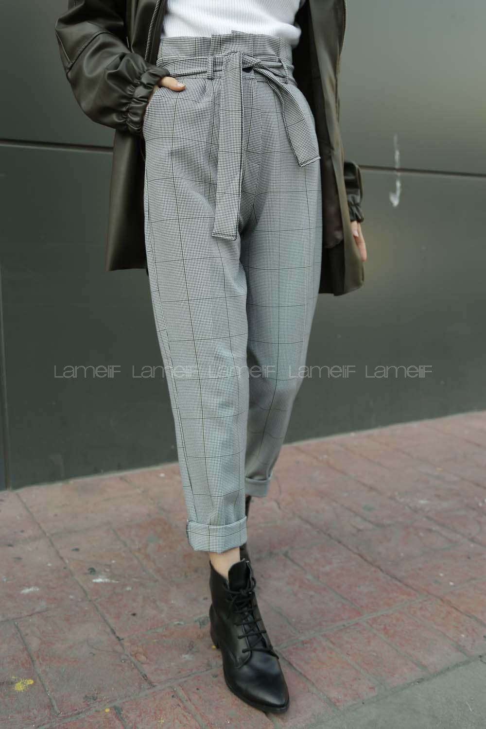 Modalamelif Pileli Kemer Detaylı Ekose Desen Ekose Pantolon Yeşil Gri