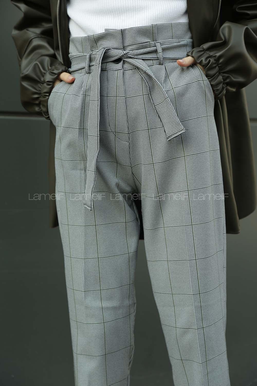 Modalamelif Pileli Kemer Detaylı Ekose Desen Ekose Pantolon Yeşil Gri