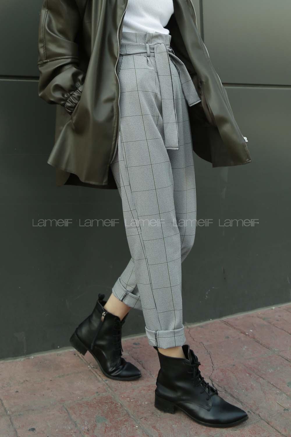 Modalamelif Pileli Kemer Detaylı Ekose Desen Ekose Pantolon Yeşil Gri