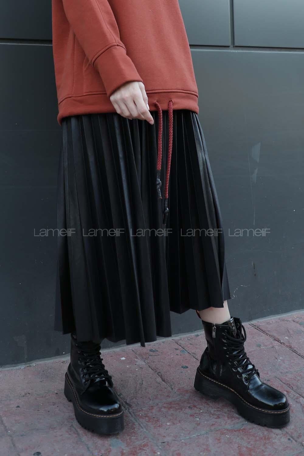 Modalamelif  Beli Lastikli Deri Görünümlü Pileli Etek  Siyah