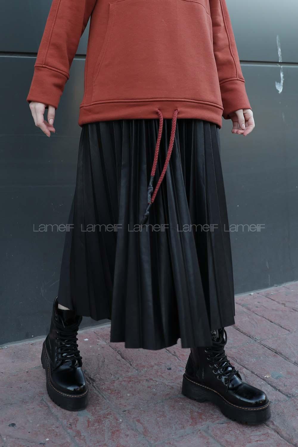 Modalamelif  Beli Lastikli Deri Görünümlü Pileli Etek  Siyah