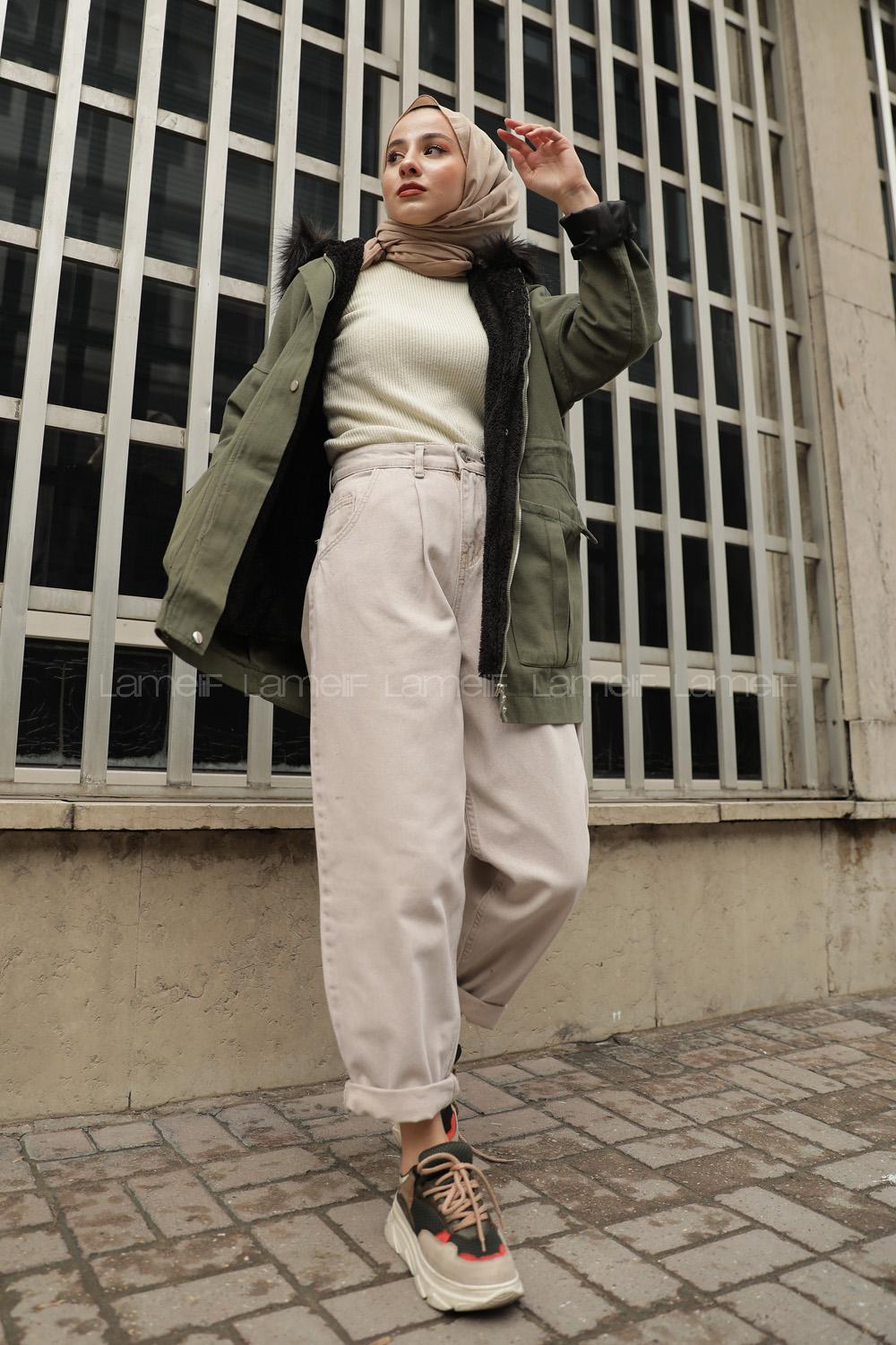 Modalamelif Kapşonlu Derin Cepli Kaban Haki