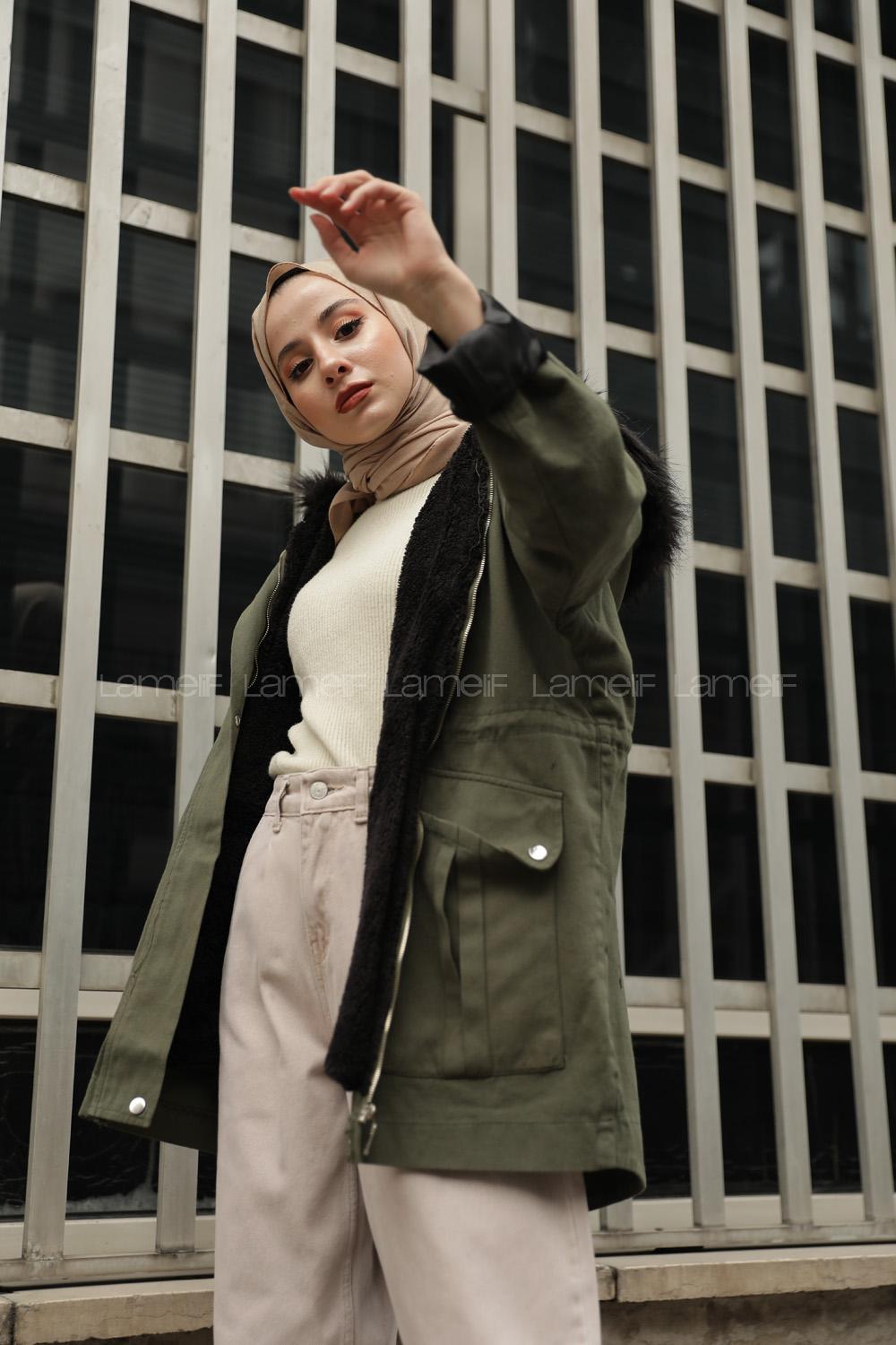 Modalamelif Kapşonlu Derin Cepli Kaban Haki