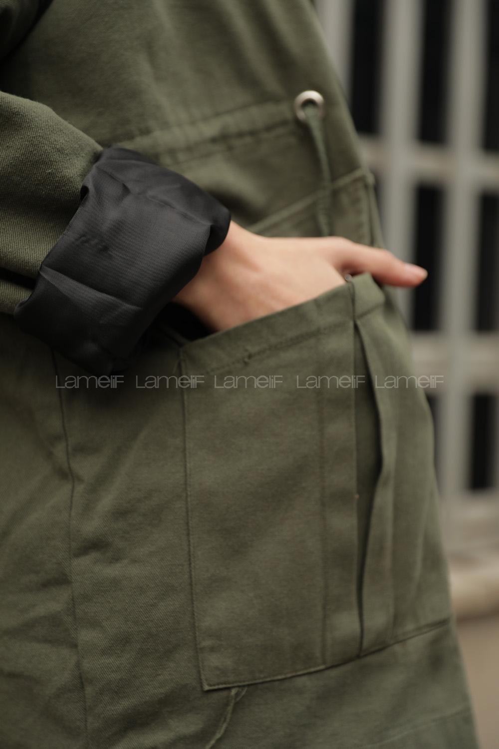 Modalamelif Kapşonlu Derin Cepli Kaban Haki