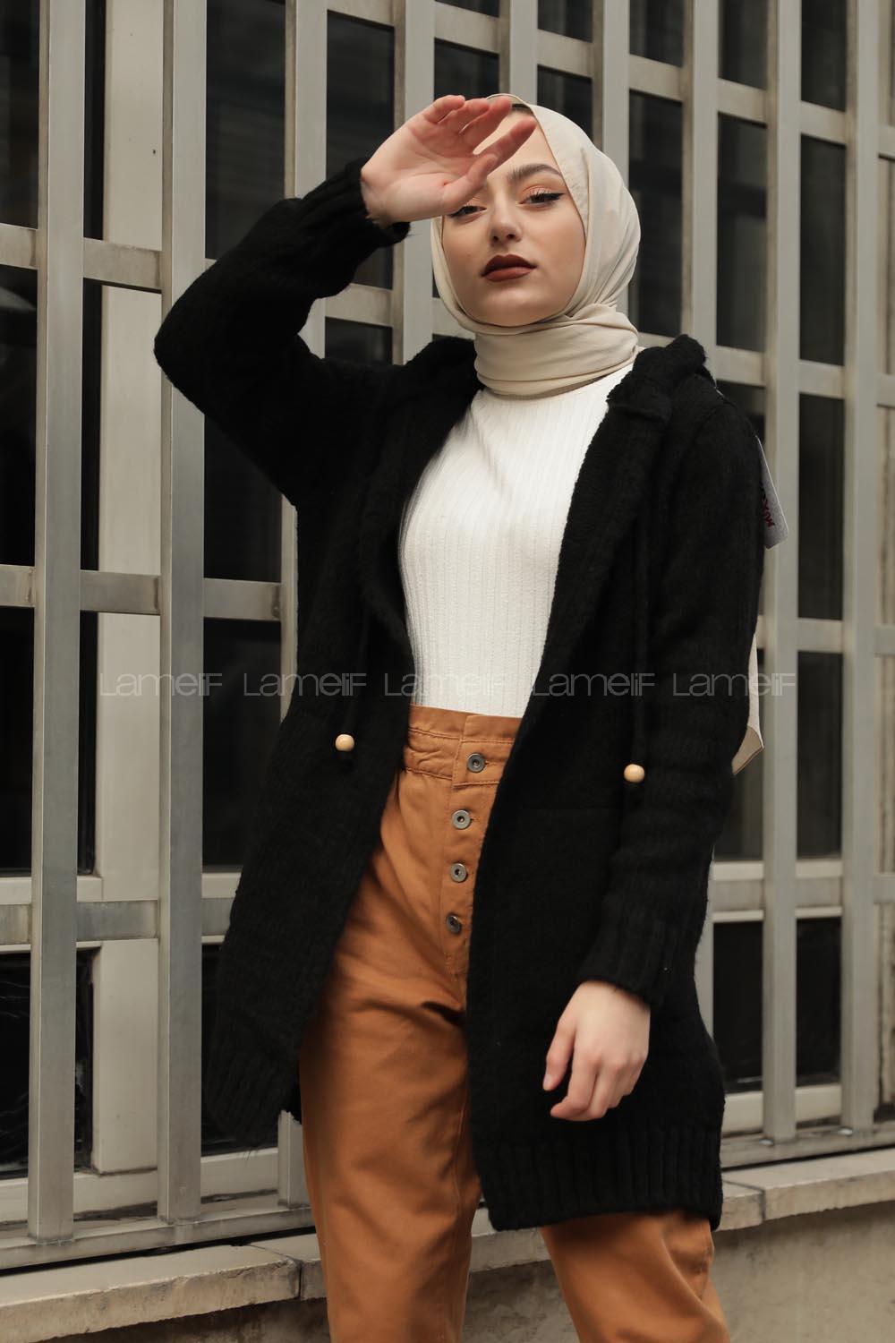 Modalamelif Kapşonlu Hırka Siyah