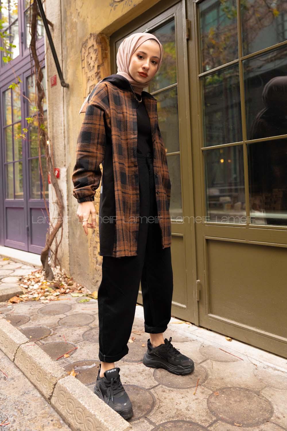 Modalamelif Arkası Yazı Baskılı Kapşonlu Ekose Tunik Siyah Kahverengi