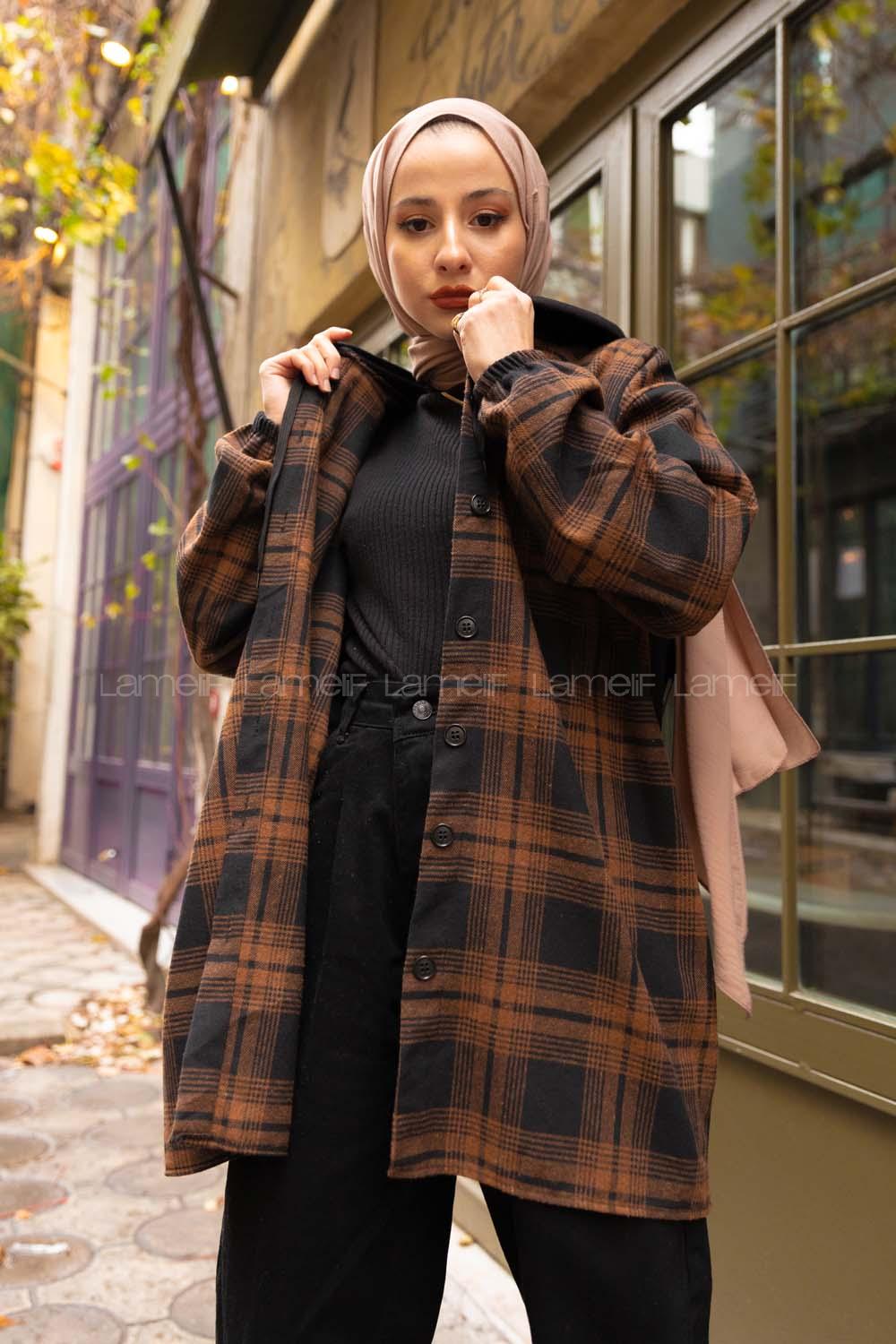 Modalamelif Arkası Yazı Baskılı Kapşonlu Ekose Tunik Siyah Kahverengi