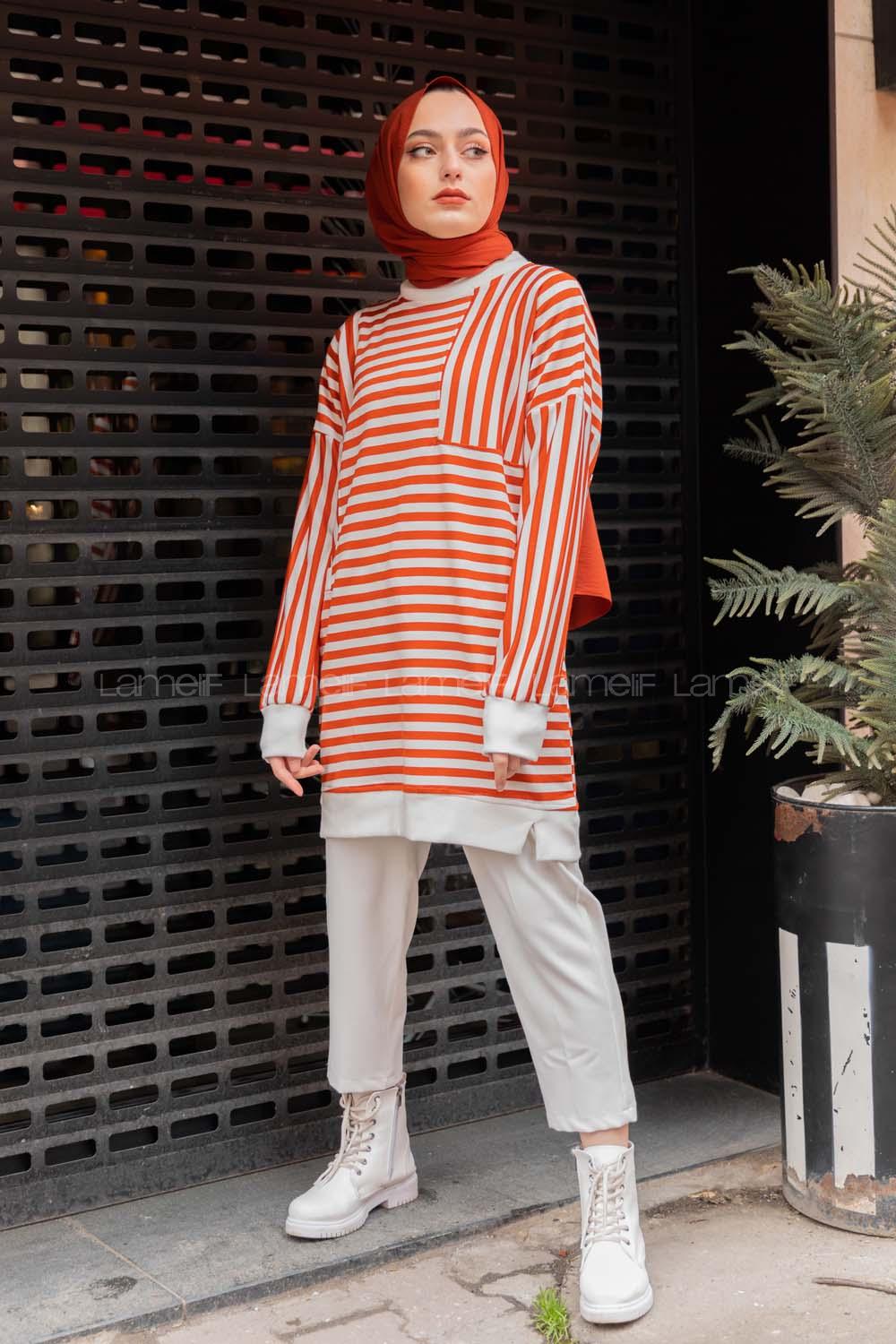 Modalamelif Çizgili Süs Cep Detaylı Sweat Kiremit