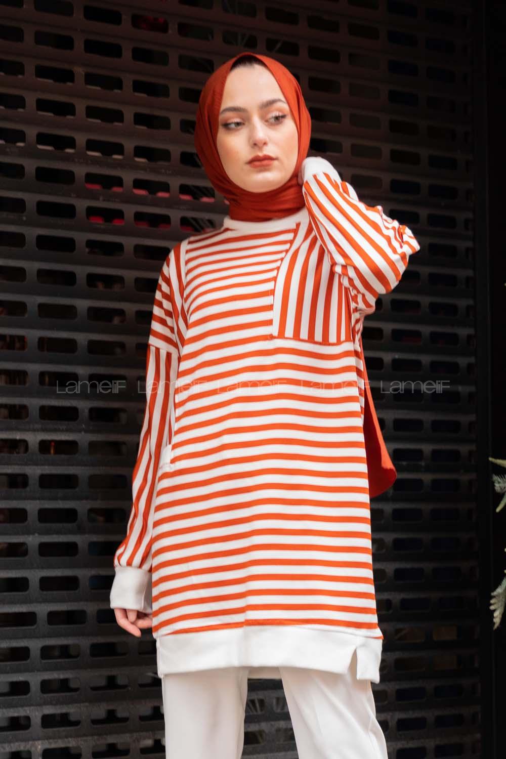 Modalamelif Çizgili Süs Cep Detaylı Sweat Kiremit