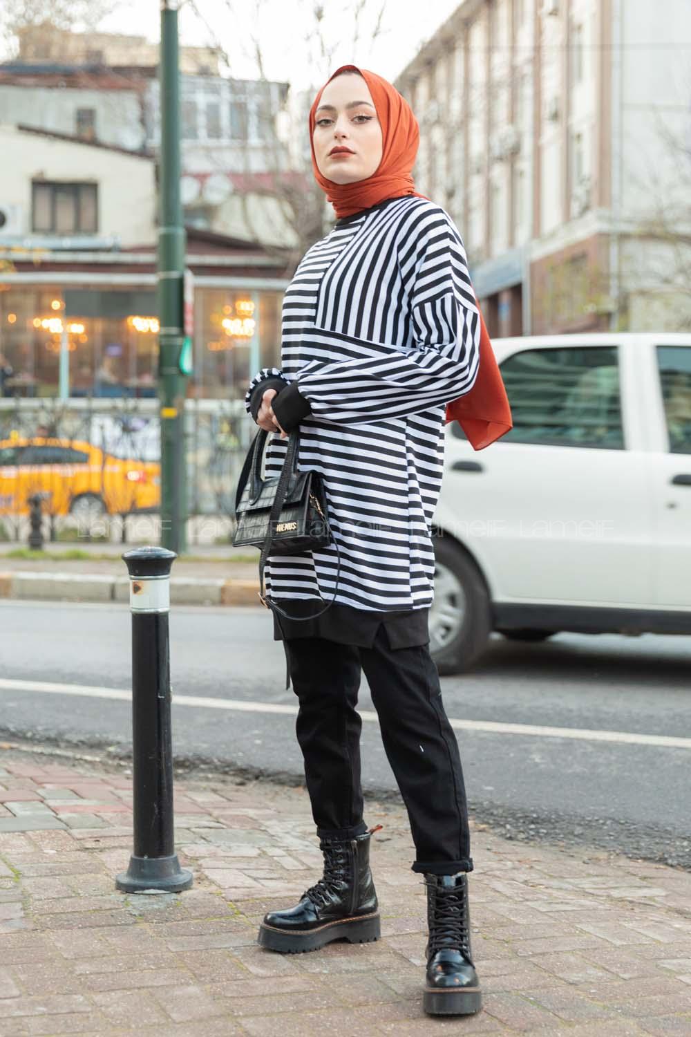 Modalamelif Çizgili Süs Cep Detaylı Sweat Siyah