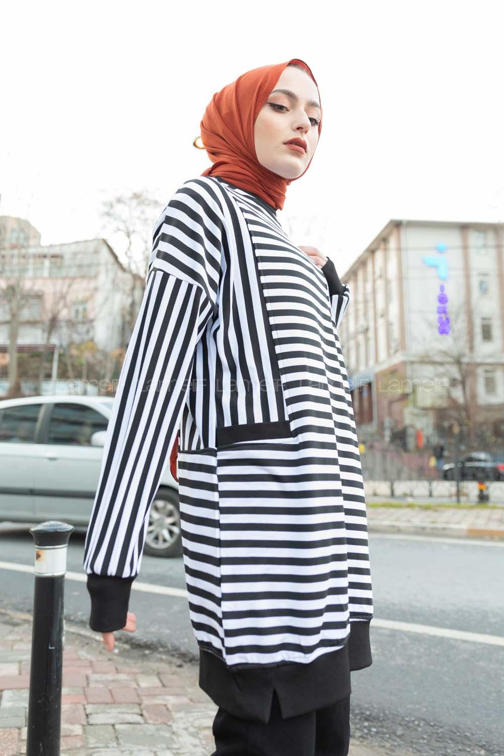 Modalamelif Çizgili Süs Cep Detaylı Sweat Siyah