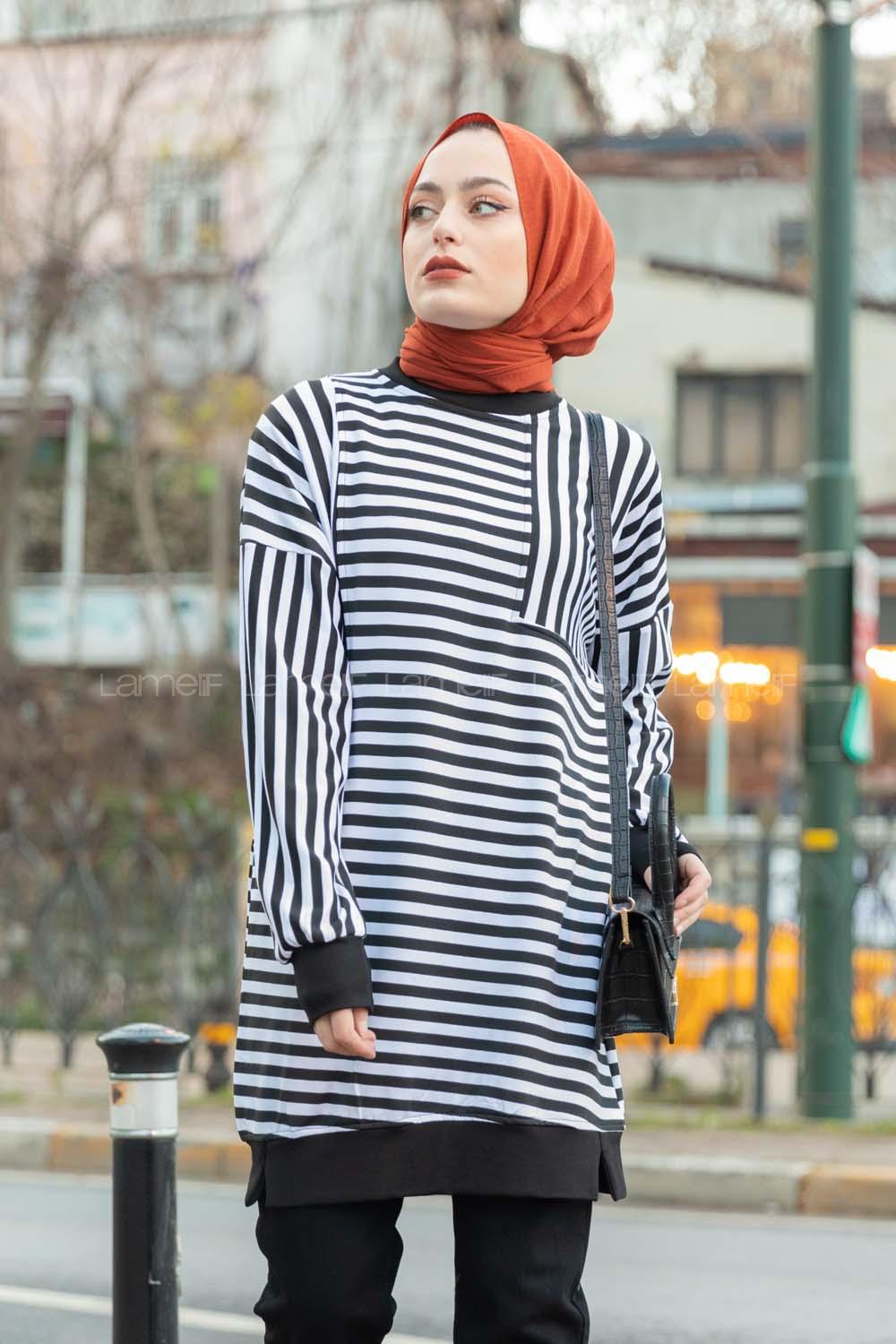 Modalamelif Çizgili Süs Cep Detaylı Sweat Siyah