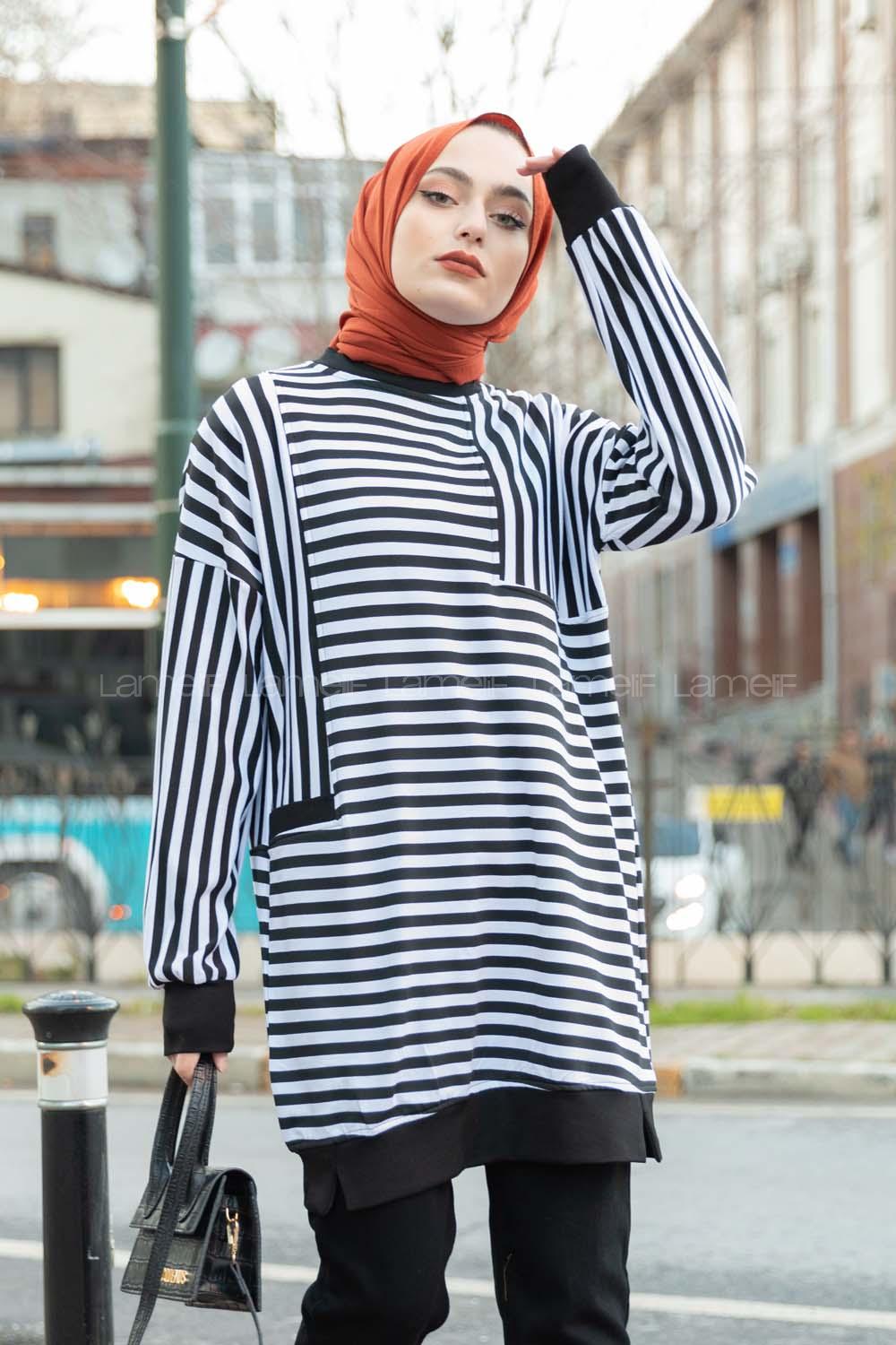 Modalamelif Çizgili Süs Cep Detaylı Sweat Siyah