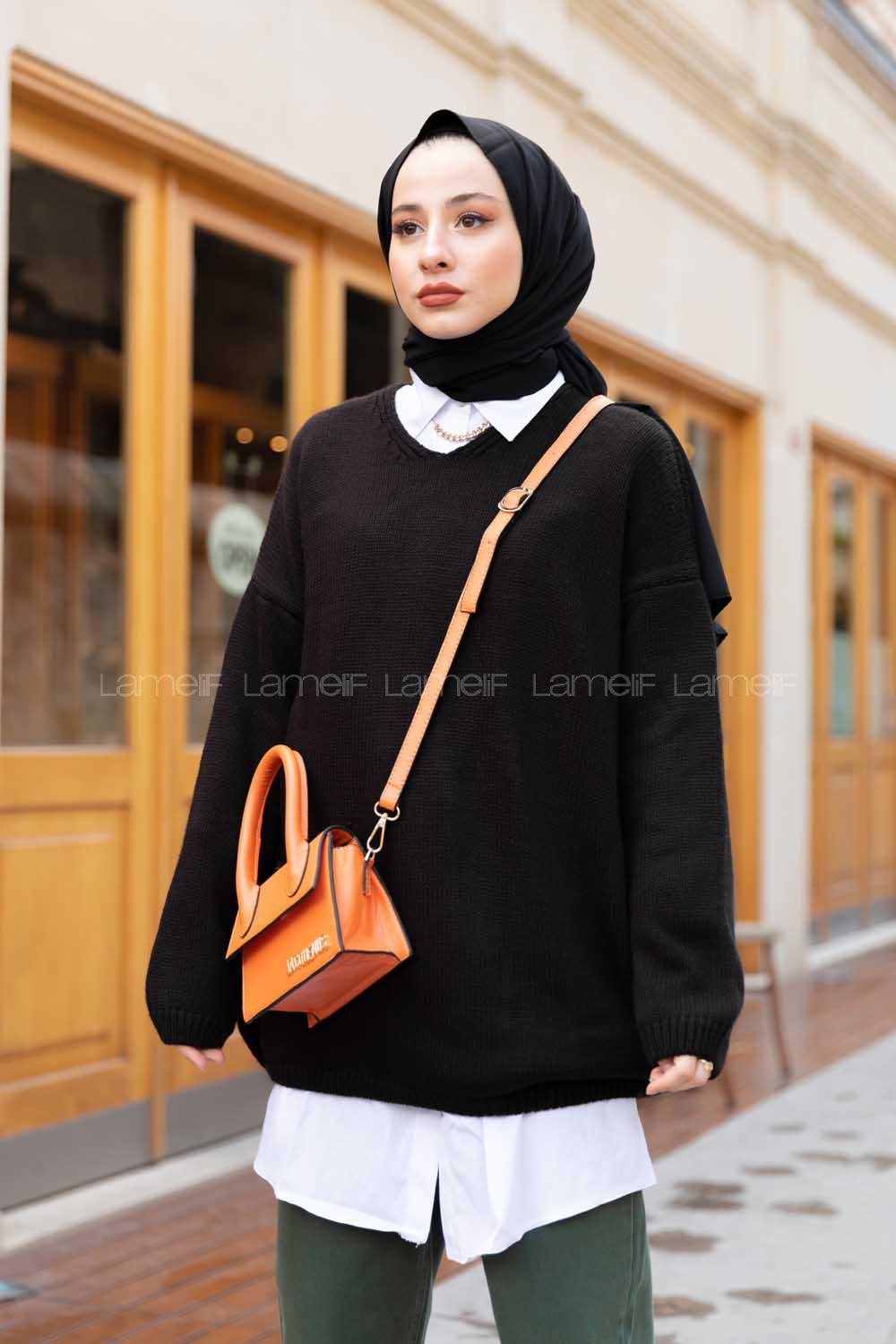 Modalamelif V Yaka Düz Renk Triko Kazak Siyah