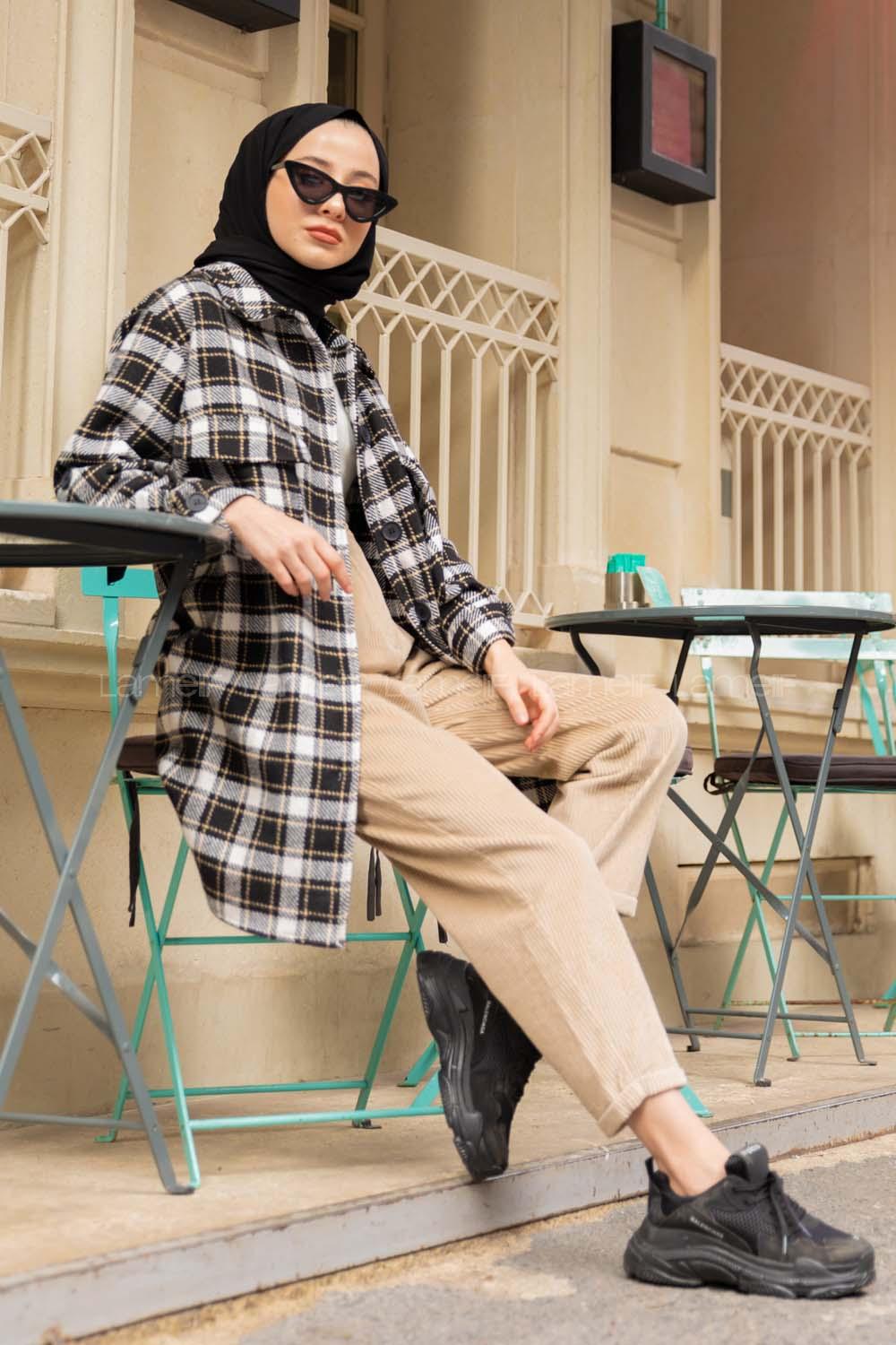 Modalamelif Çift Cepli Balon Kol Gömlek Siyah Hardal