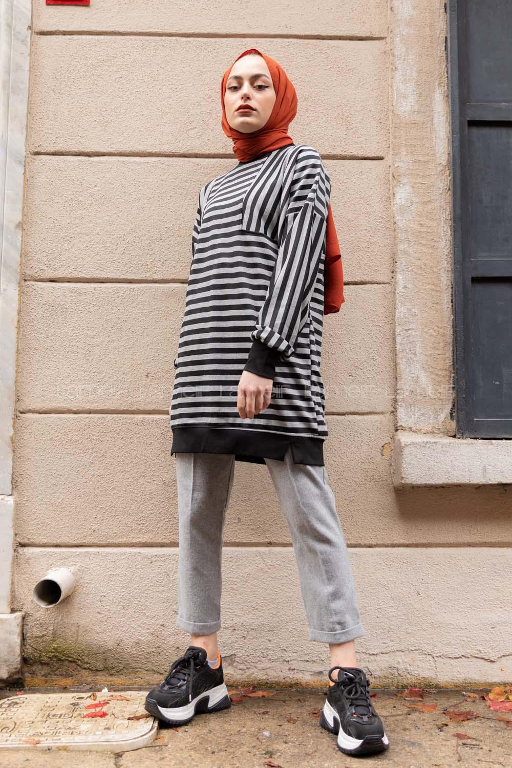 Modalamelif Çizgili Süs Cep Detaylı Sweat Gri