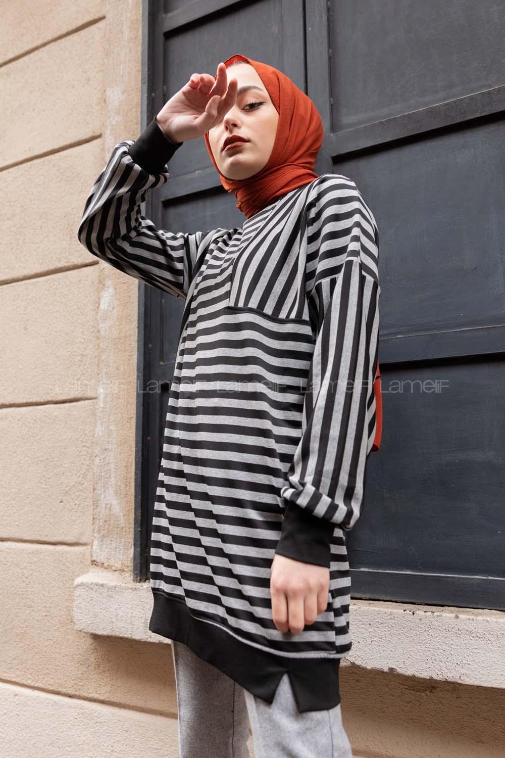 Modalamelif Çizgili Süs Cep Detaylı Sweat Gri