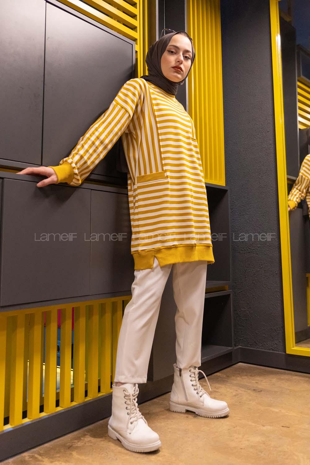 Modalamelif Çizgili Süs Cep Detaylı Sweat Hardal Sarısı
