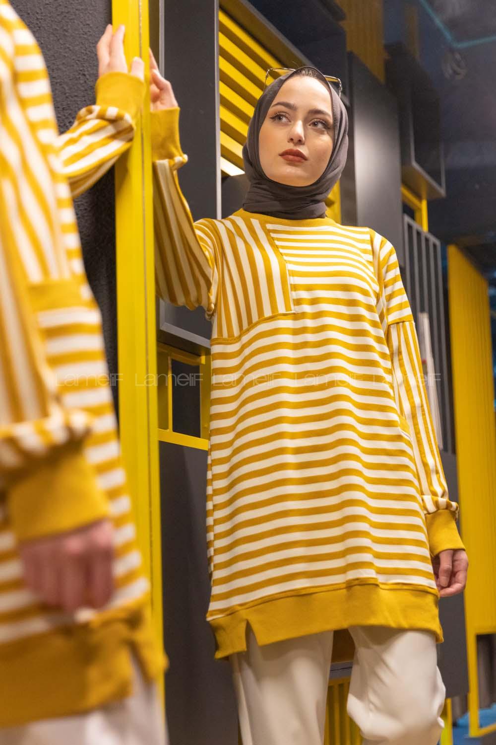 Modalamelif Çizgili Süs Cep Detaylı Sweat Hardal Sarısı