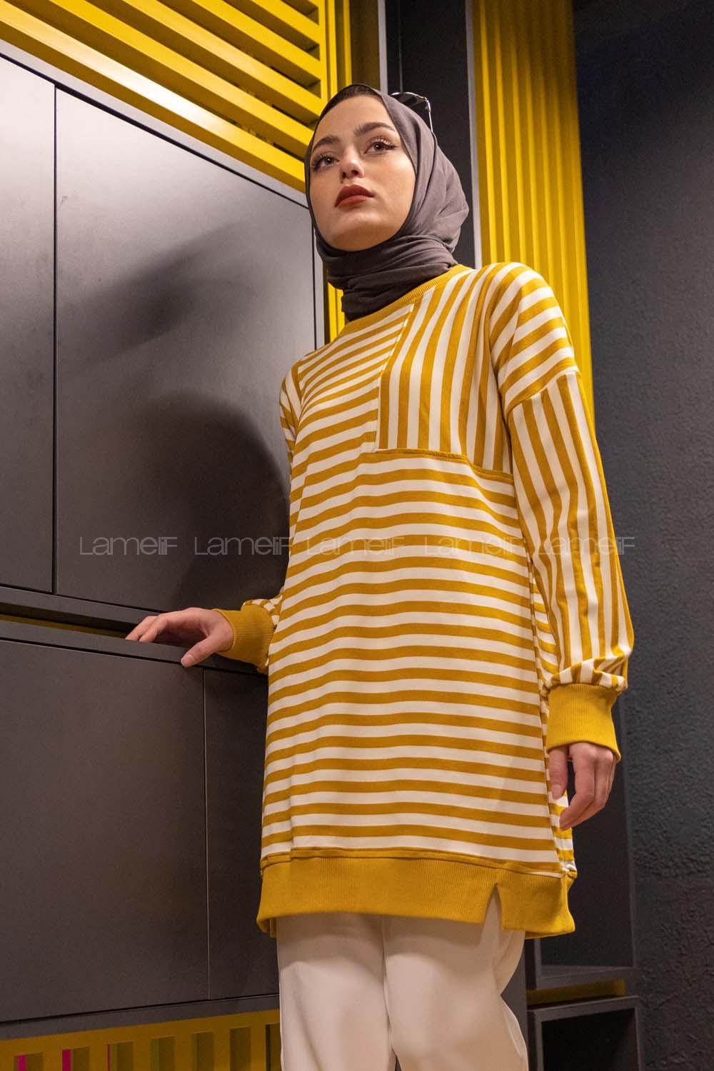 Modalamelif Çizgili Süs Cep Detaylı Sweat Hardal Sarısı