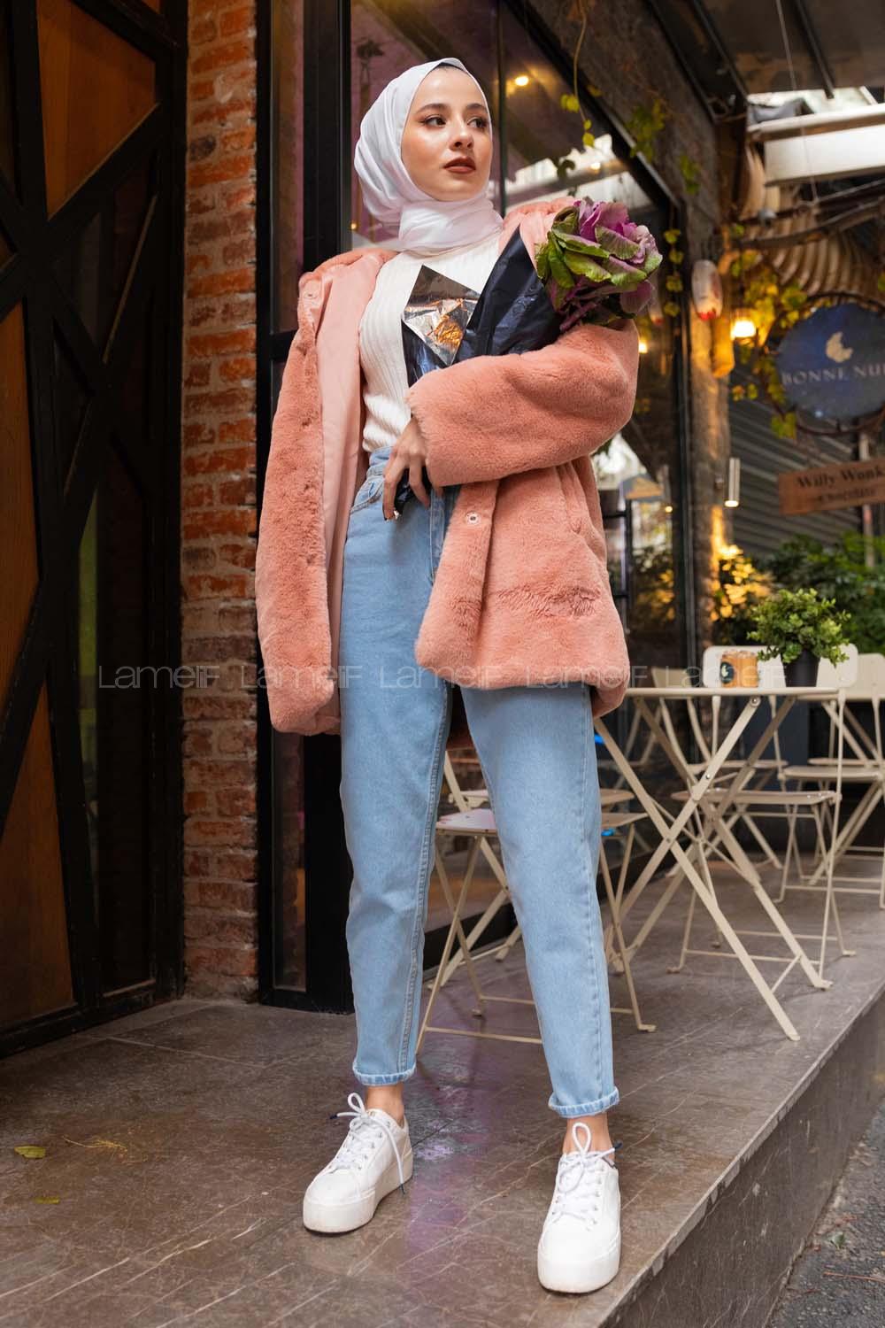 Modalamelif Kapşonlu Peluş Kürk Mont Pudra