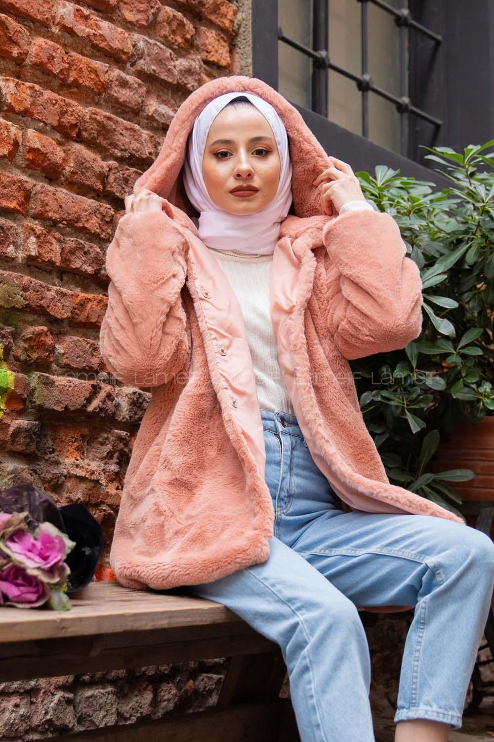 Modalamelif Kapşonlu Peluş Kürk Mont Pudra