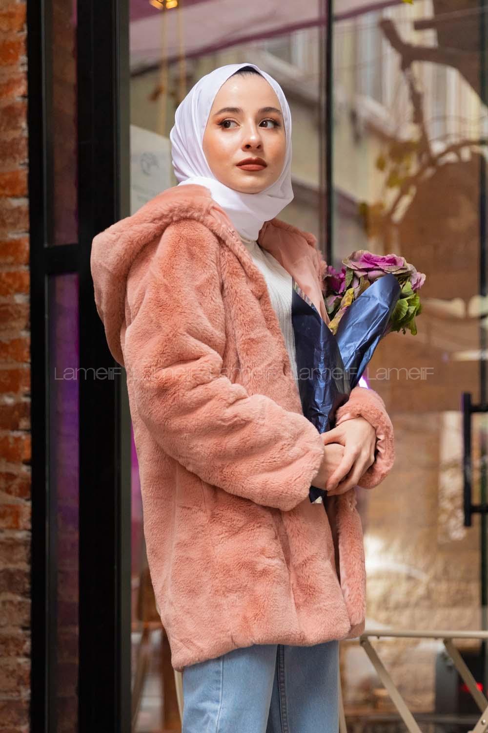 Modalamelif Kapşonlu Peluş Kürk Mont Pudra
