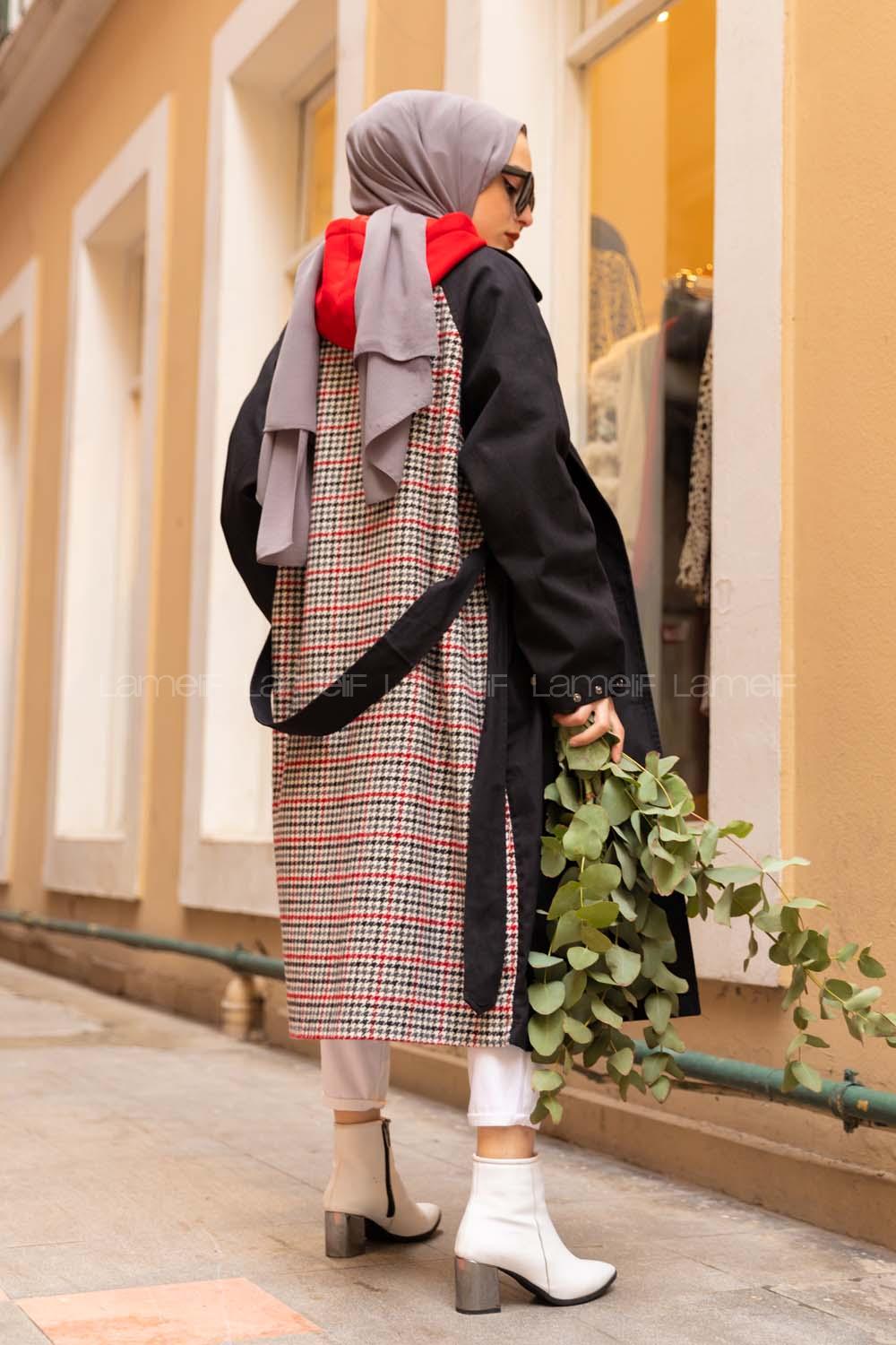 Modalamelif Arkası Ekose Desen Belden Bağlamalı Trenç Siyah Bordo