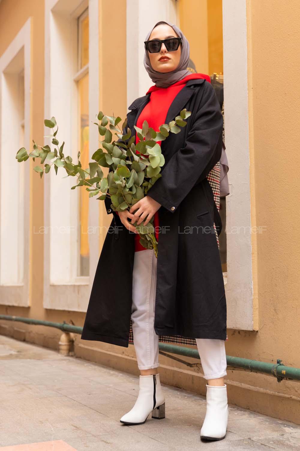 Modalamelif Arkası Ekose Desen Belden Bağlamalı Trenç Siyah Bordo