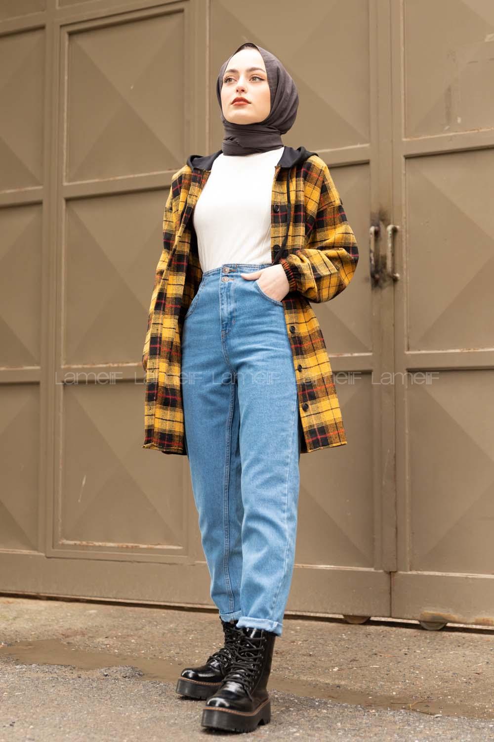 Modalamelif Arkası Yazı Baskılı Kapşonlu Ekose Tunik Hardal Sarısı