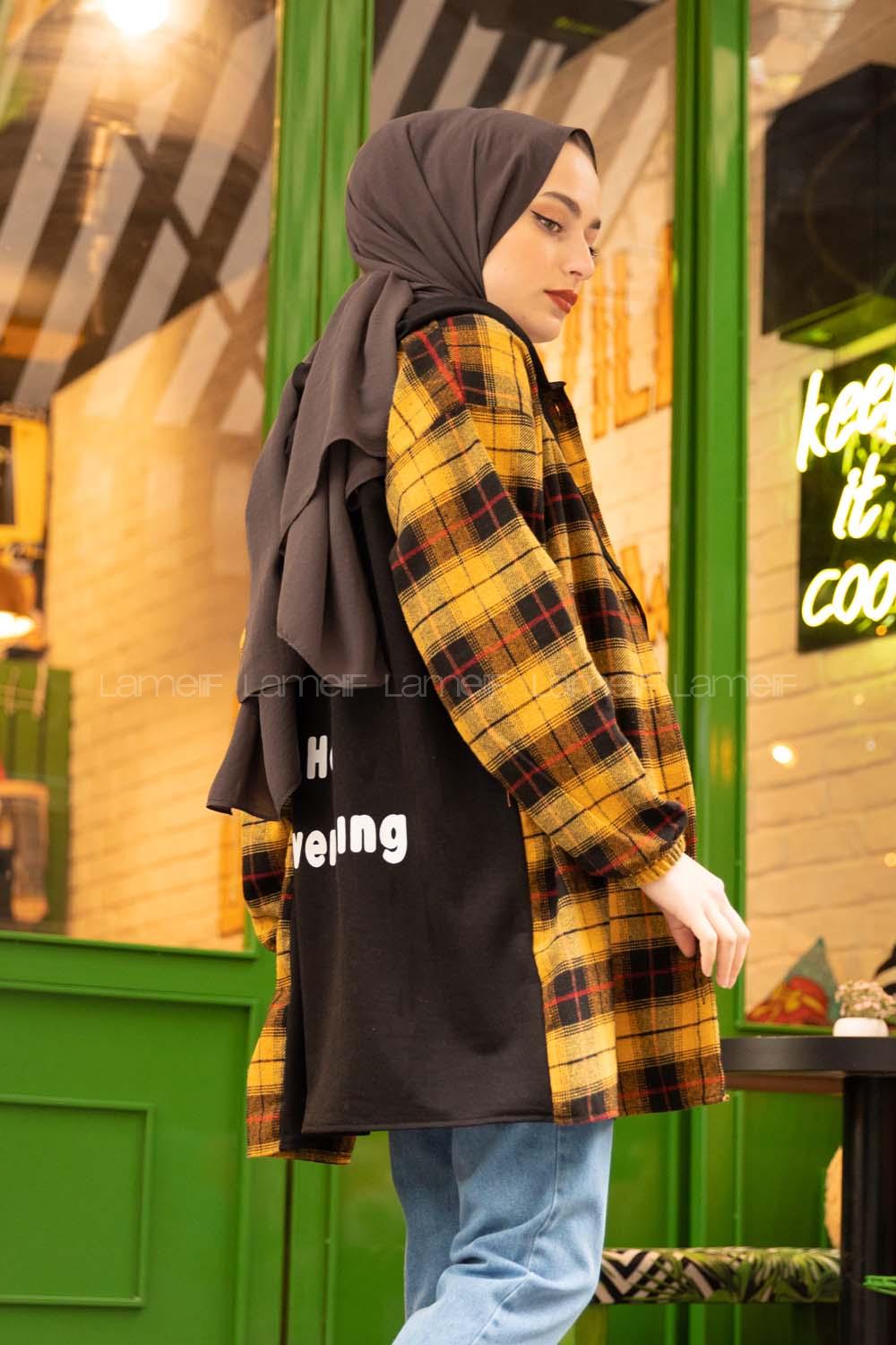 Modalamelif Arkası Yazı Baskılı Kapşonlu Ekose Tunik Hardal Sarısı