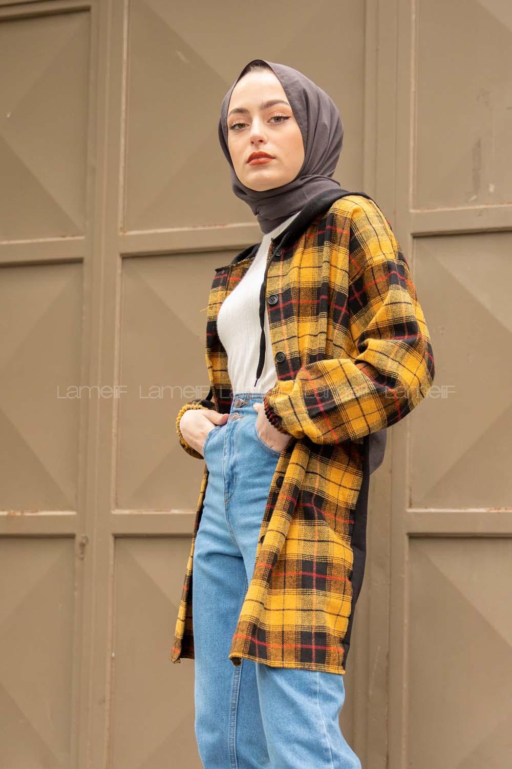 Modalamelif Arkası Yazı Baskılı Kapşonlu Ekose Tunik Hardal Sarısı