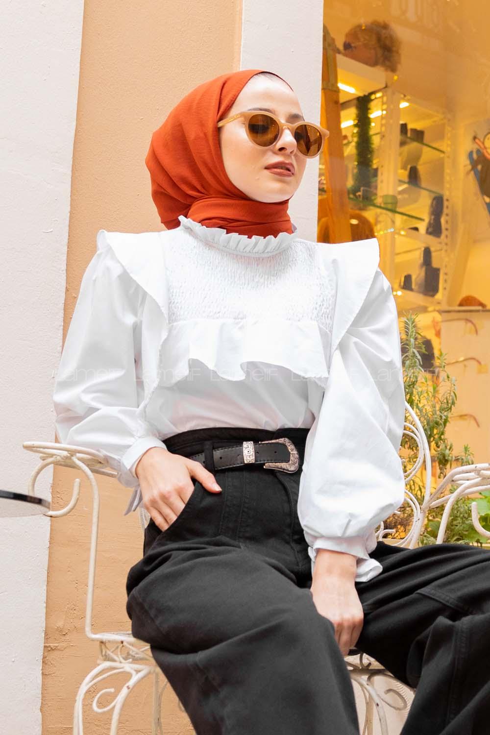 Modalamelif  Balon Kol Gipeli Gömlek Beyaz