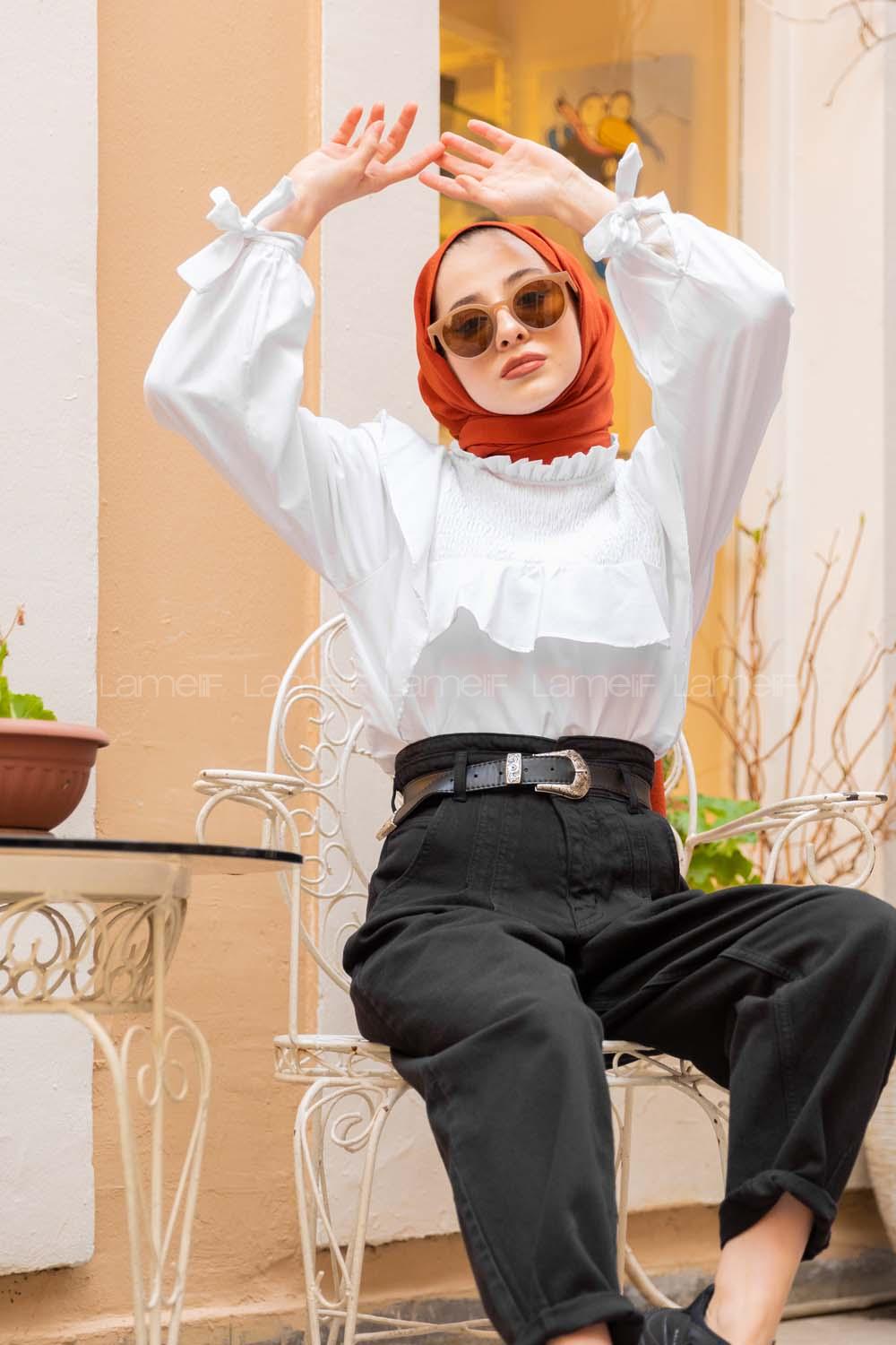 Modalamelif  Balon Kol Gipeli Gömlek Beyaz