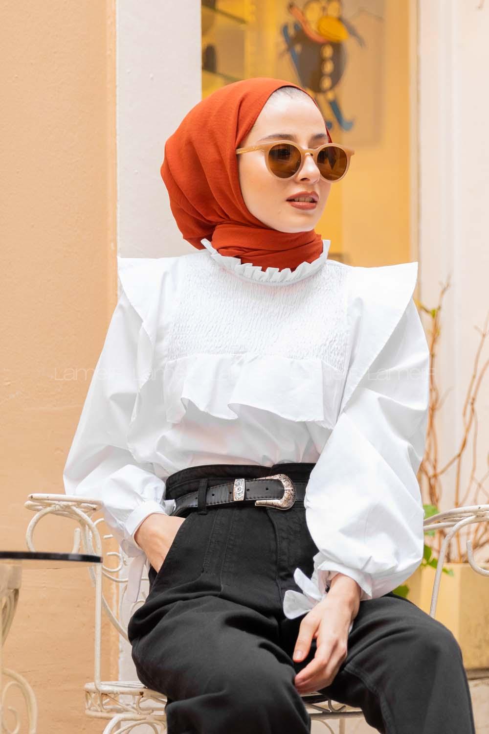 Modalamelif  Balon Kol Gipeli Gömlek Beyaz