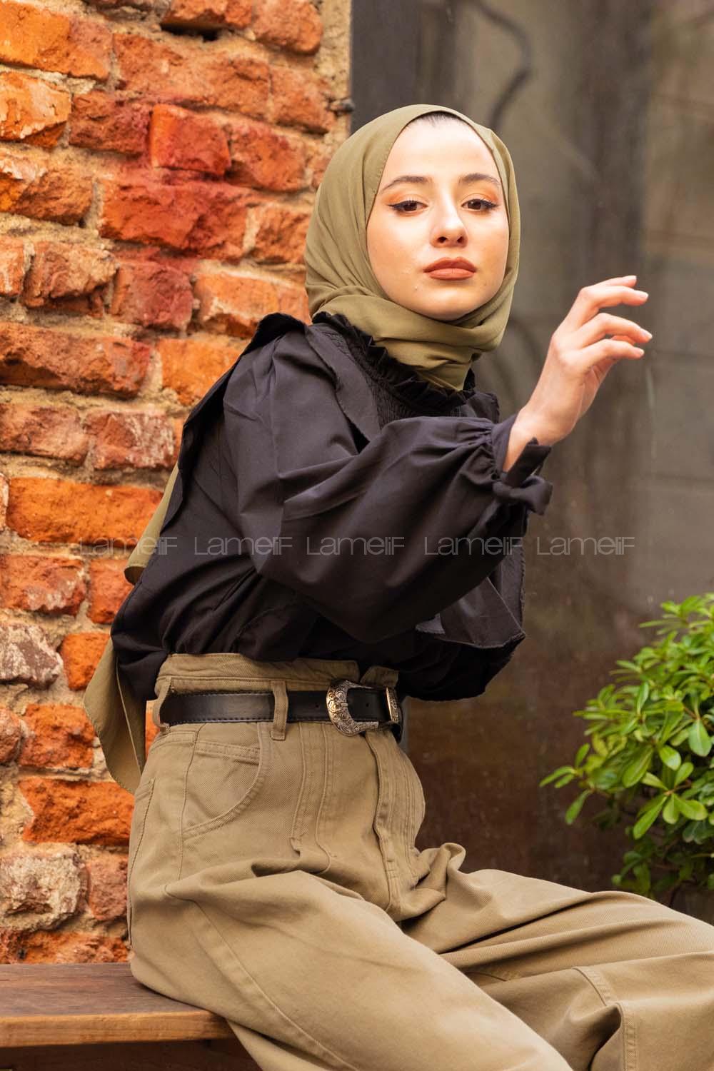 Modalamelif  Balon Kol Gipeli Gömlek Siyah